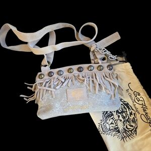 Vintage ED HARDY Crossbody Purse Suede Fringe Canvas + Charm + Dustbag UNUSED